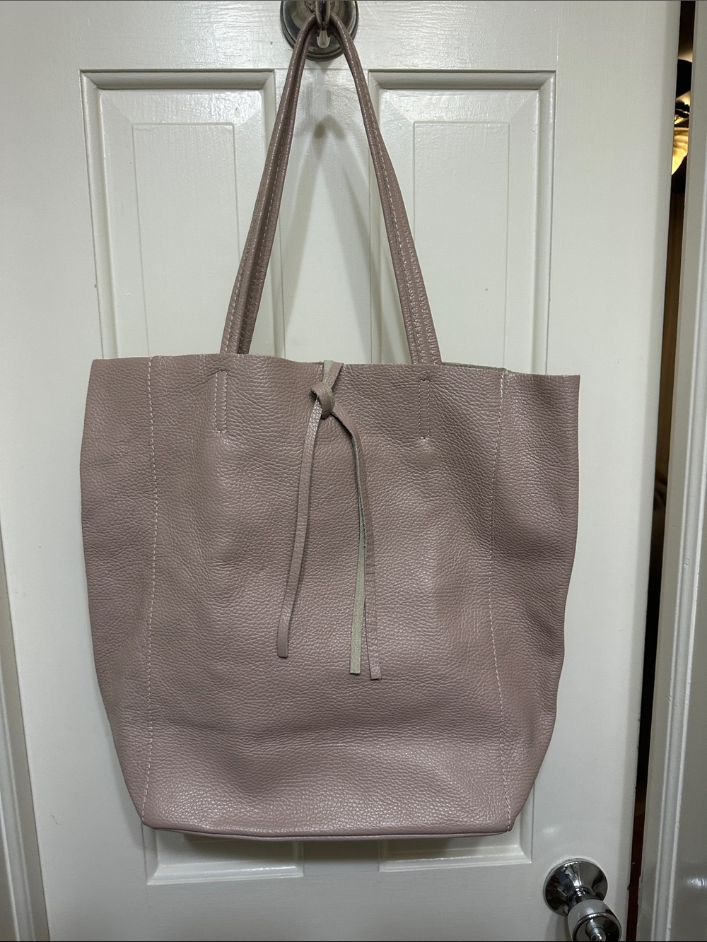 Soft Mauve Leather Tote with Tie Detail